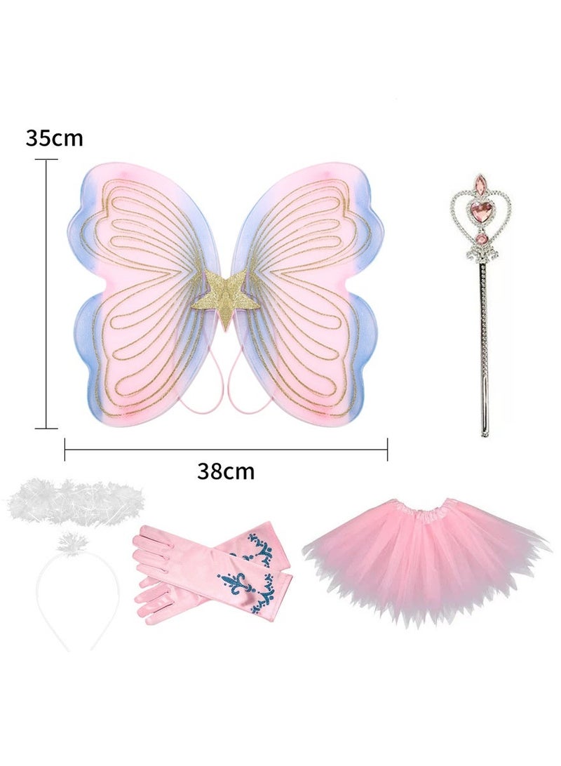 WangPangZi 5 Pcs Butterfly Fairy Costume for Girls Kids Princess Cosplay Costume Set with Wings, Tutu Skirt, Wand,Headdress, Gloves for Girls 3-6 Years Pink - Image 2